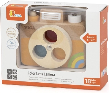 Fotocamera in legno con obiettivo colorato per bambini