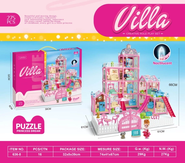 Villa rosa per bambole con funzione luminosa e accessori, 275 pezzi