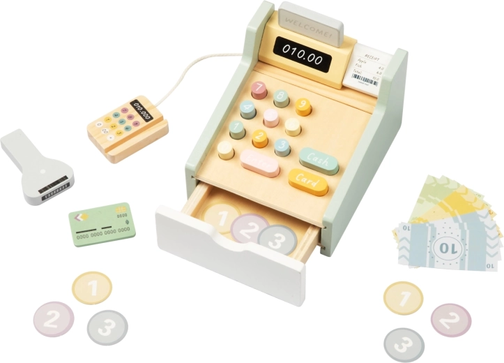 Cassa giocattolo in legno per bambini Tooky Toy con terminale e scanner