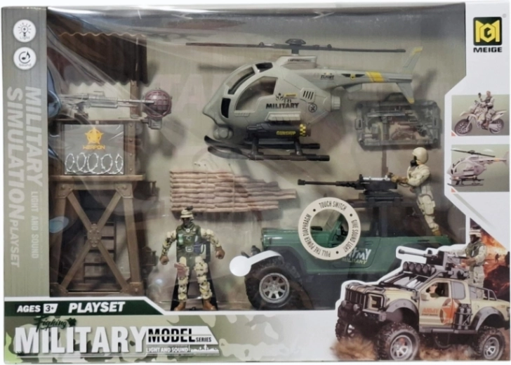 Set militare con elicottero, veicolo fuoristrada e personaggi