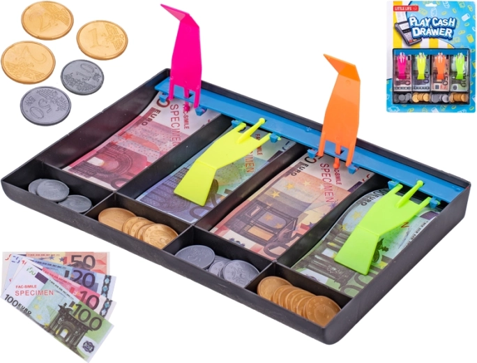 Cassa giocattolo per bambini con banconote e monete 20 × 14,5 cm