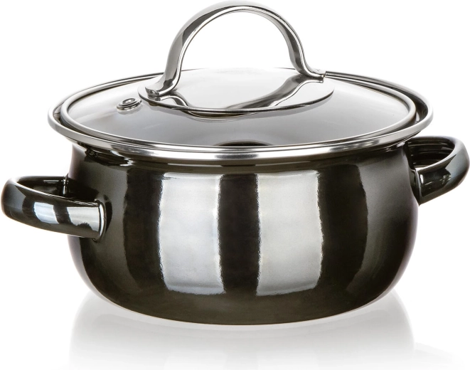 Pentola smaltata con coperchio in vetro 14 cm, 0,7 l, Metallic Black