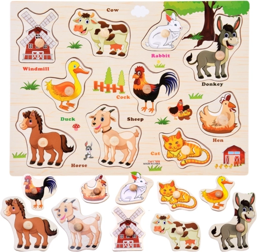 Puzzle in legno fattoria con maniglie e vocaboli inglesi – 10 pezzi