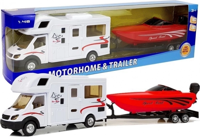 Giocattolo caravan con barca rossa e volano 1:48