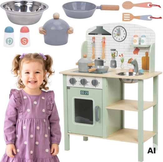 Cucina giocattolo in legno per bambini TOOKY TOY verde con accessori
