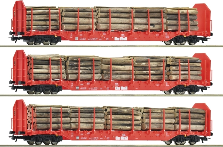 Roco set di 3 carri stanti a pali Rnoos con carico OnRail (H0)