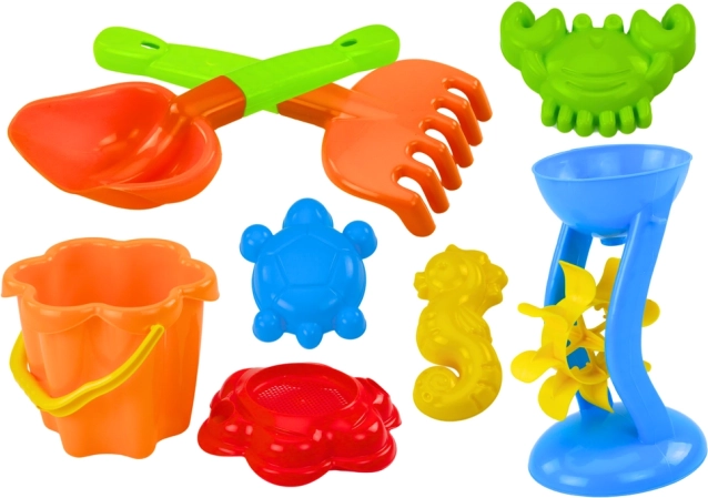 Set colorato di giocattoli da sabbia con mulino e formine