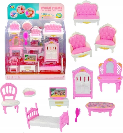 Mobili rosa e bianchi per casa delle bambole - set da 12 pz