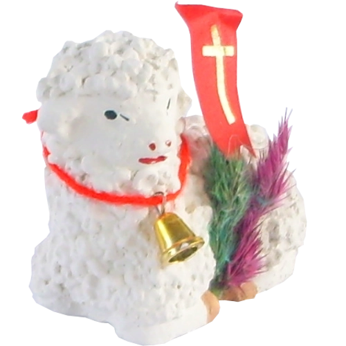 Agnello pasquale sdraiato in gesso, dipinto a mano