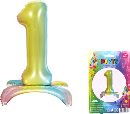 Palloncino gonfiabile a forma di numero 1 arcobaleno 80 cm