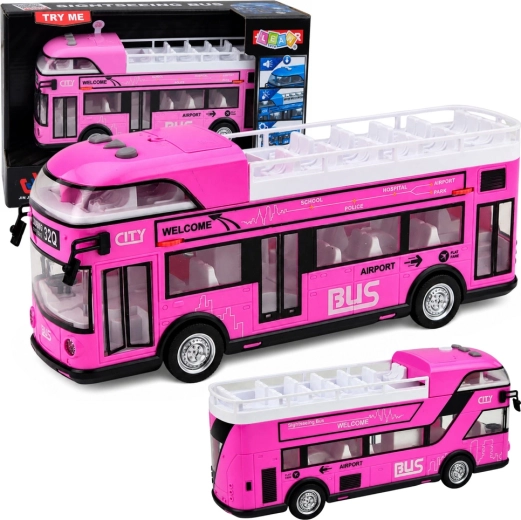 Autobus urbano a due piani rosa per bambini con luci, suoni e porte apribili