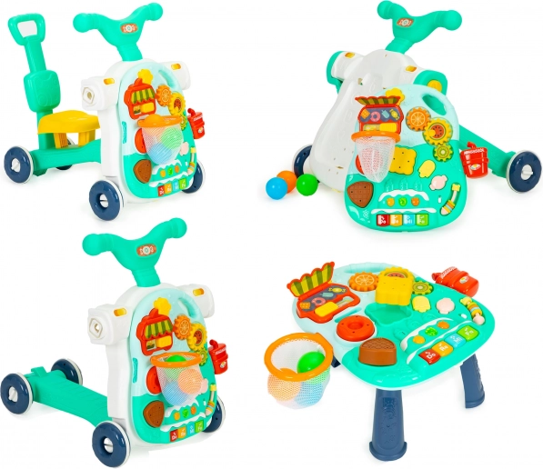 Girello, cavalcabile e tavolino educativo per bambini 4 in 1 – Turchese