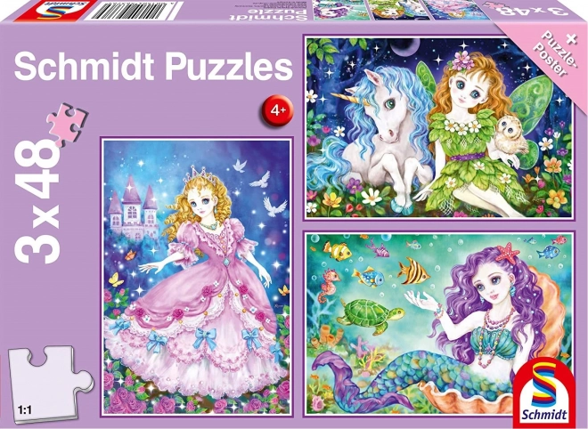 Puzzle SCHMIDT principessa, fata e sirena 3×48 pezzi