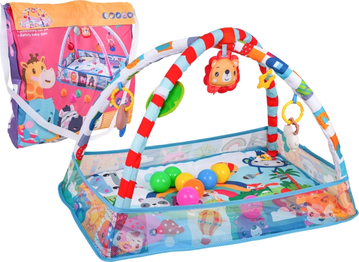 Tappetino da gioco per bambini e piscina a palline asciutta con arco e giocattoli sospesi