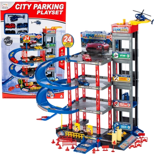 Parcheggio multipiano con auto e elicottero