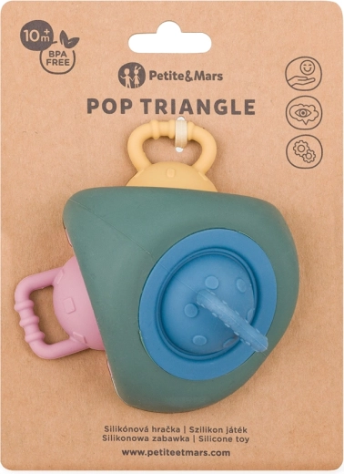 Giocattolo sensoriale in silicone e massaggiagengive PETITE&MARS Pop Up Triangle Misty Green 10m+