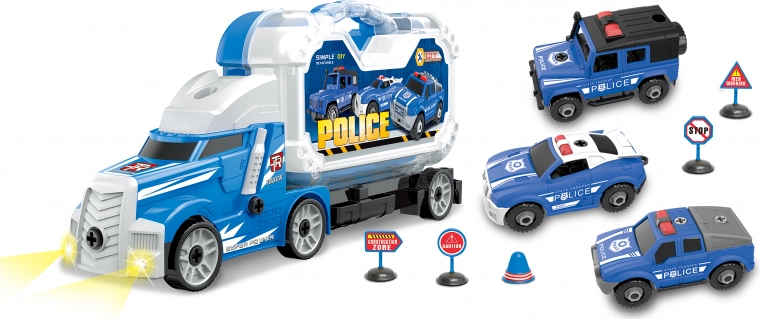 camion della polizia con 3 auto avvitabili con effetti luminosi e sonori 42 cm