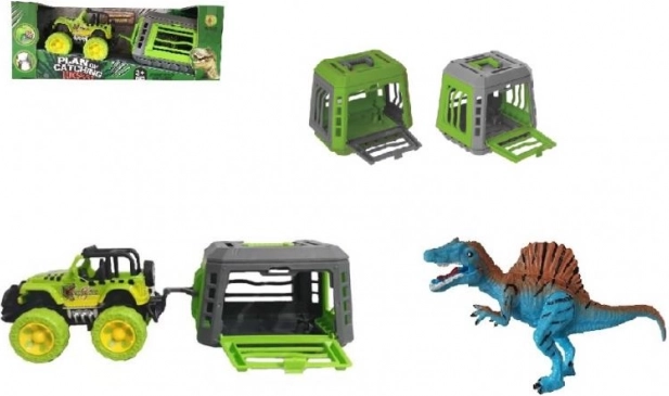 Jeep con rimorchio e dinosauro