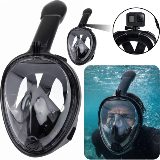 Maschera facciale intera per snorkeling con vista panoramica a 180° e sistema antiappannamento, nera L/XL