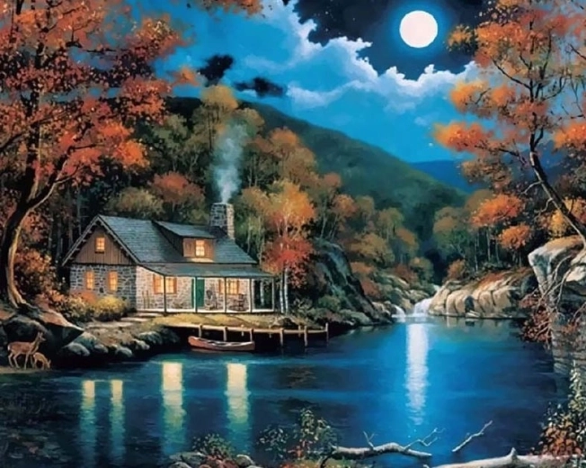 Pittura diamantata – casa sul lago di notte 30 × 40 cm