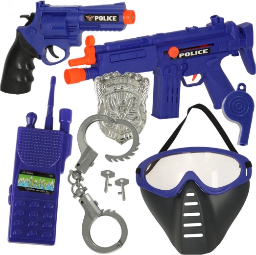 Set di gioco della polizia con pistola, carabina, maschera e manette