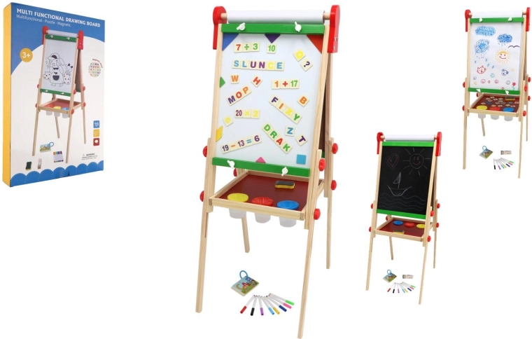 Lavagna magnetica per bambini bifacciale in legno con rotolo di carta e accessori 35 × 43 cm