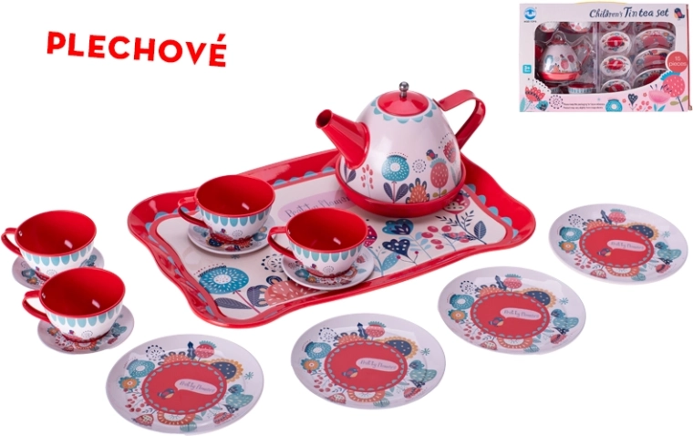 Set da tè in metallo per bambini con vassoio, 15 pezzi