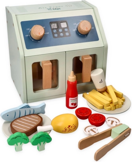 Friggitrice ad aria in legno Adam Toys con accessori, alimentata a batterie