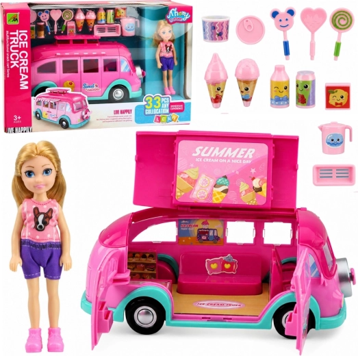 Food truck dei gelati rosa con bambola e accessori 33 pezzi