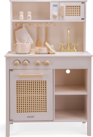 Cucina giocattolo in legno rosa con rattan