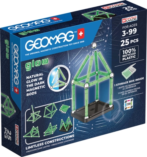 Geomag Glow set di costruzioni magnetico fosforescente realizzato in plastica riciclata, 25 pezzi