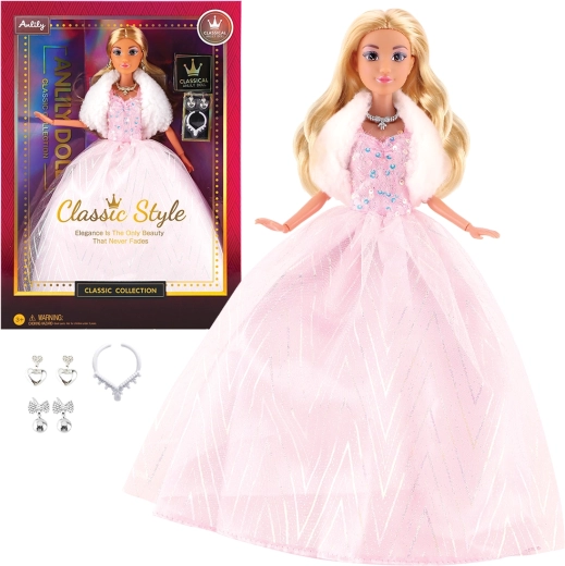 Bambola alla moda con abito da cerimonia rosa chiaro