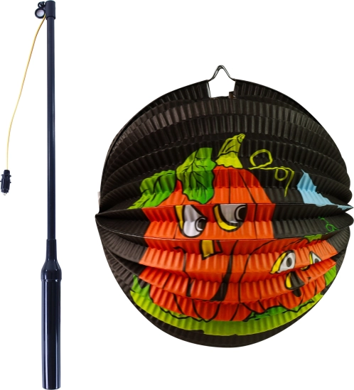 Lanterna di carta di Halloween a zucca 25 cm con bacchetta luminosa 50 cm