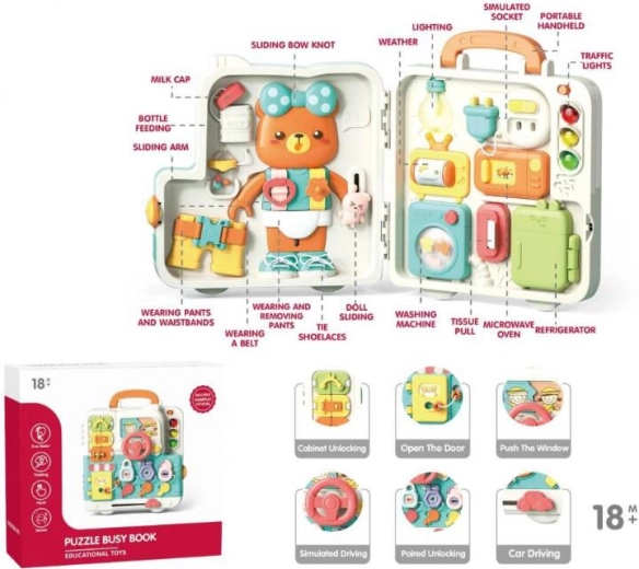 Pannello sensoriale a forma di orsetto – giocattolo educativo in legno per lo sviluppo della motricità