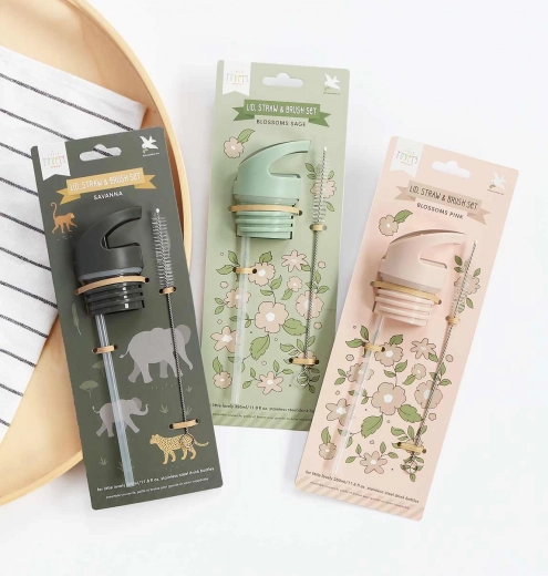 A Little Lovely Company set di tappo, spazzolino e cannuccia per bottiglia in acciaio inox 350 ml – Animali