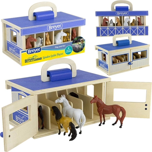 Breyer Stablemates Farms stalla portatile in legno con 6 cavalli