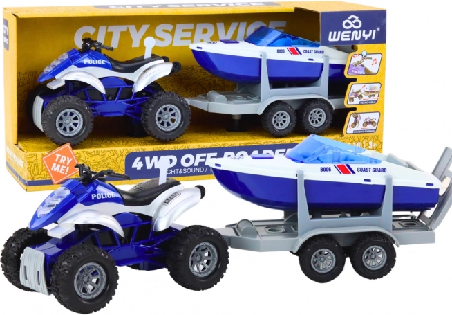 Quad della polizia con rimorchio e motoscafo