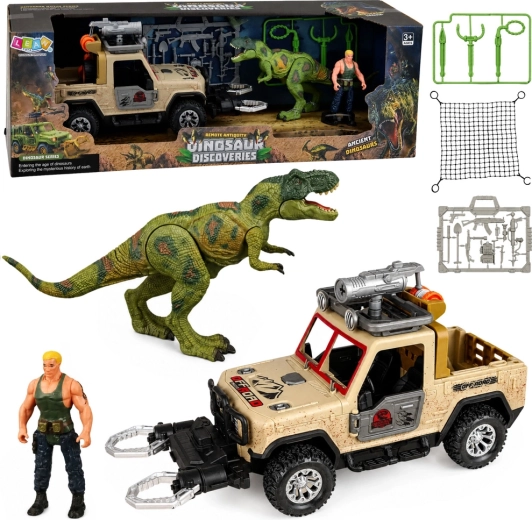 Set di cacciatori di dinosauri con T-Rex, fuoristrada con suoni e personaggio