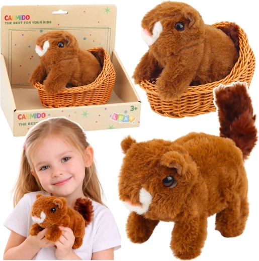 Scoiattolo di peluche interattivo nel cestino – cammina e emette suoni, marrone