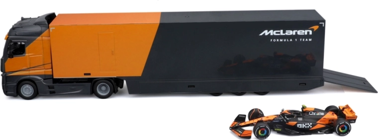 Bburago racing hauler con rimorchio e monoposto di Formula 1 McLaren MCL38 2024 Lando Norris 1:43