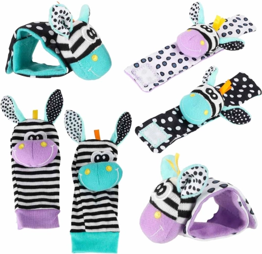 Calzini e braccialetti tintinnanti per bambini con zebra, verde-viola - 4 pezzi