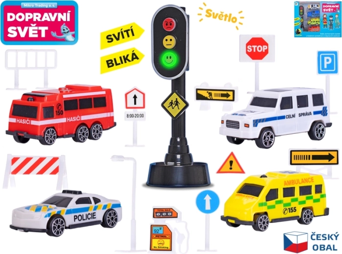 Set di macchinine con segnali stradali e semaforo con luce, 4 pz