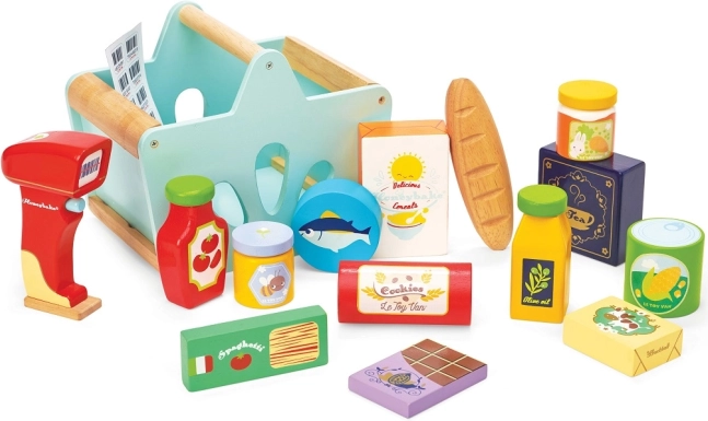 Le Toy Van cestino in legno con alimenti e scanner