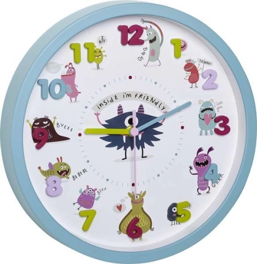 Orologio da parete per bambini TFA Little Monsters, turchese, numeri 3D