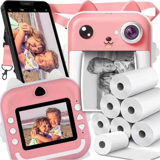 Fotocamera istantanea per bambini Renew Force con stampa termica rosa con 6 rotoli di carta