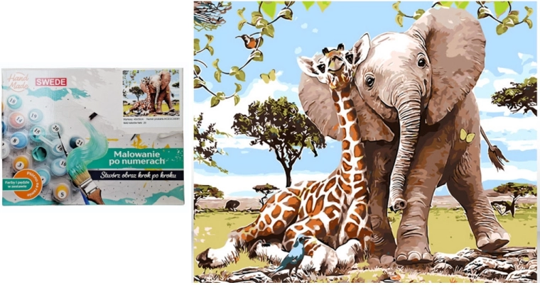 Pittura con i numeri elefante con giraffa - 1 pezzo