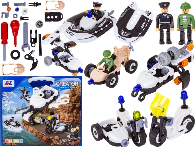 Set di costruzioni della polizia 8 in 1 con avvitamento, 161 pezzi