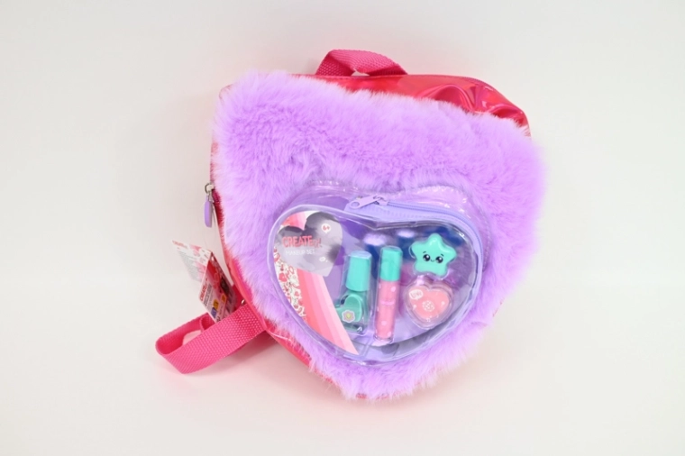 Create it! set make-up per bambini in zainetto di peluche a forma di cuore viola-rosa