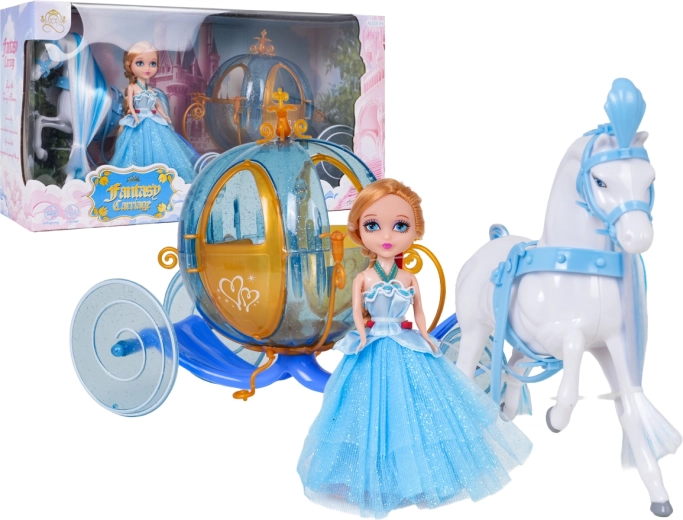 Carrozza fiabesca blu con cavallo bianco e bambola della piccola principessa - 1 pezzo