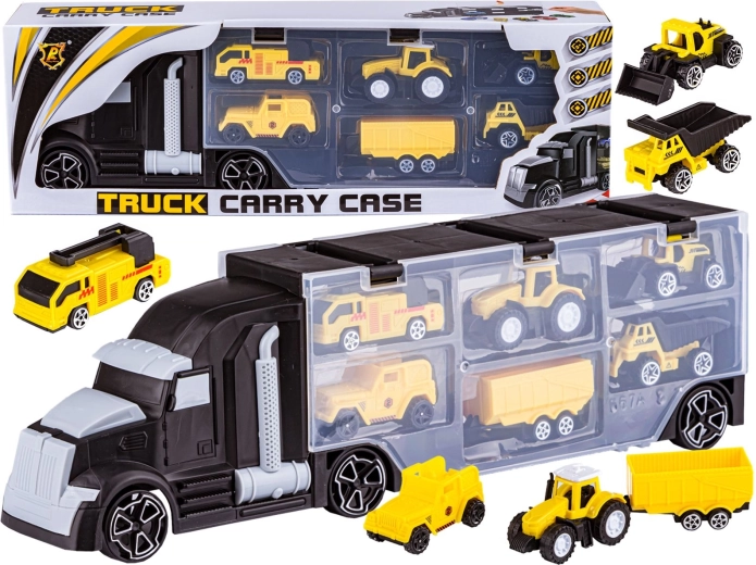 Camion trasportatore nero con rimorchio apribile e mini veicoli da cantiere 6 in 1